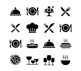 Food icons set, plate, fork, knife and spoon, set logotype menu, cutlery icon, tableware sign, catering icons, restaurant signs
