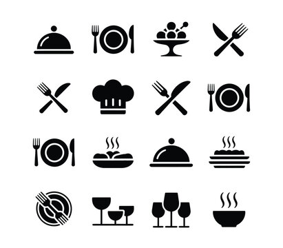 Food icons set, plate, fork, knife and spoon, set logotype menu, cutlery icon, tableware sign, catering icons, restaurant signs