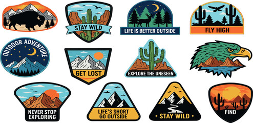 Set of vector outdoor adventure badges. Graphics for t-shirt prints, stickers, posters and other uses. 