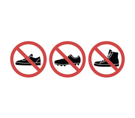 No shoes icon symbol set. Remove footwear sign. Shoes not allowed. Prohibition, prohibited, forbid shoes. Warning red round sign