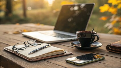 Laptop notebook glasses pen coffee cup and phone on wooden table outdoors image
