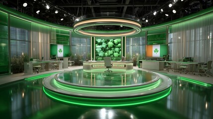 St. Patrick’s Day news studio with an Irish flag, shamrocks, green lights, and a soft white haze effect