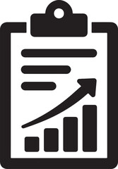 Silhouette icon of clipboard with bar chart representing goal tracking and performance-based bonus system.