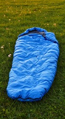 Blue sleeping bag rests on green grass with small white flowers