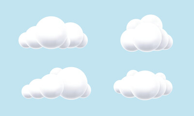 White 3d clouds isolated on blue background. Fluffy cloud design element. Cloudy sky background. Vector illustration