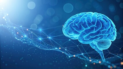 Fototapeta premium Luminous blue human brain with glowing neural network connections and bokeh mind cognition