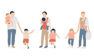 Fototapeta premium 子どもとお出かけするパパのイラストセット（3パターン）Father with children illustration set (3 variations)