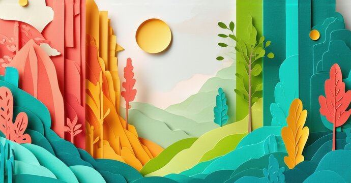 Papercraft landscape depicts mountains, trees, sun. Vibrant colors create layered, scenic view. Peaceful, artistic composition. - Powered by Adobe