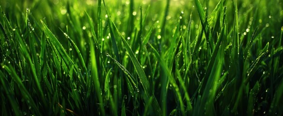 The vibrant green grass glistening with morning dew in sunlight