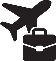 Silhouette icon of airplane with briefcase representing business travel benefit, corporate trips, and work journeys.