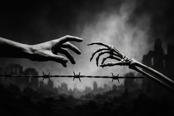 Human hand reaching skeletal hand through barbed wire in dark war-torn landscape, concept of death, separation, war and loss
