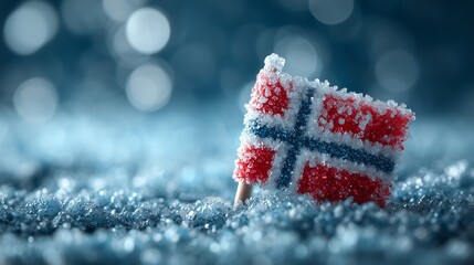 Winter solstice newsroom with a Norwegian flag, icy blue decor, snowflakes, and a soft white bokeh glow