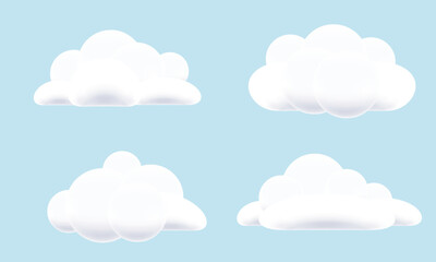 White 3d clouds isolated on blue background. Fluffy cloud design element. Cloudy sky background. Vector illustration