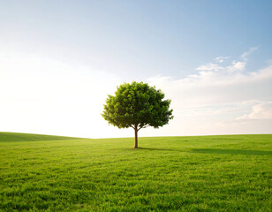 Obraz premium Single Tree on a Grassy Plain Under a Pale Sky