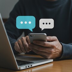 Person using smartphone and laptop with chat bubbles symbolizing communication and messaging