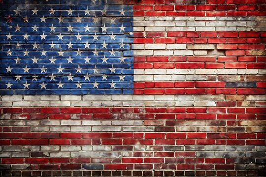 An aged american flag painted on a weathered brick wall, a rustic and patriotic image