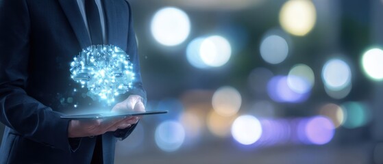 The businessman holding a tablet with a holographic brain display.