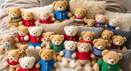 Collection of plush teddy bears in colorful sweaters on soft blanket background