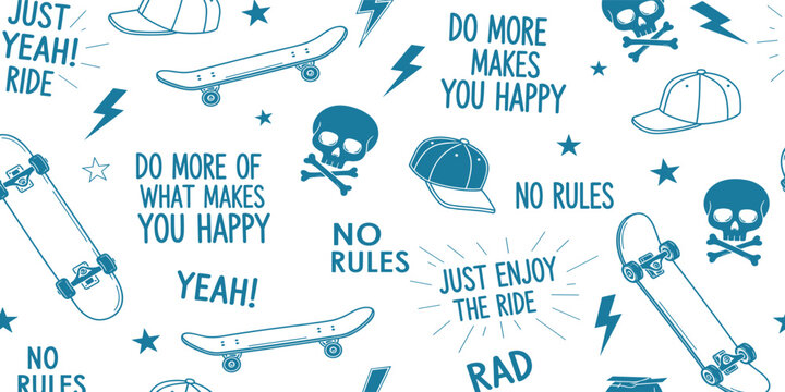 Skateboard seamless pattern. Skate background. Skateboarding doodle illustration. Vector illustration. Seamless pattern with cartoon skull, skateboard, hat etc