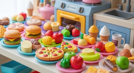 Colorful assortment of toy food in a play kitchen setting