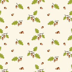 Autumn pattern with oak acorns, acorns on creme background. Seasonal ornament. Endless texture can be used for web design, printing onto fabric and paper or scrapbooking.