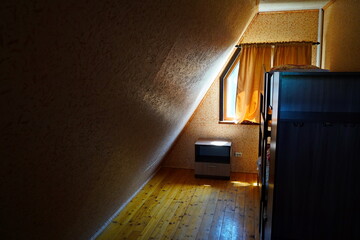 The interior of the bungalow. Beach houses on the shore of Lake Balkhash. Summer vacation.