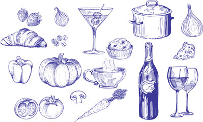 Hand-drawn Italian food and drink illustration set featuring wine, cocktail, vegetables, coffee, cheese, and bakery elements. Perfect vintage sketch design for restaurant menus, kitchen ,packaging.