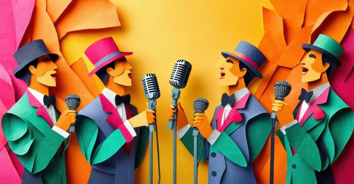 Paper cutouts depict quartet singing into vintage microphones. Bright colors, stylized design, joyful performance visible.