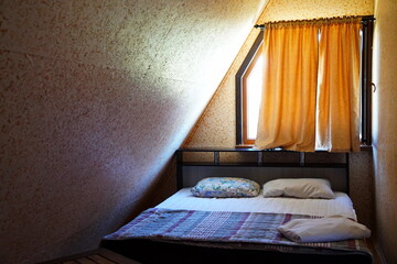 The interior of the bungalow. Beach houses on the shore of Lake Balkhash. Summer vacation.