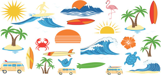 Naklejka premium Tropical beach and surf-themed vector set with palm trees, waves, surfboards, a van, flamingos, and ocean elements in a bold black silhouette style. Perfect for t-shirt designs, and branding