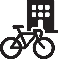 Silhouette icon of bicycle and building representing eco-commute benefit, sustainable travel, and green workplace.