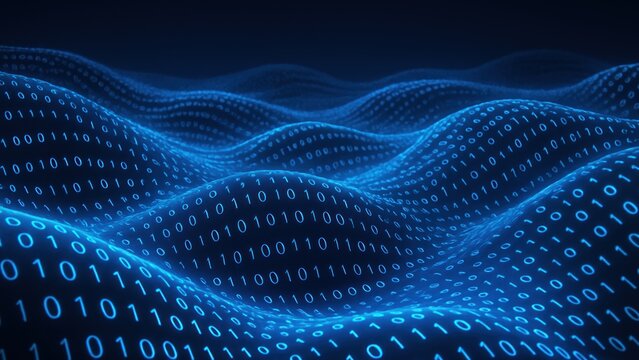 Glowing waves of binary code blue curve over dark background, showing energy of Code Flow in a Programming Interface and virtual data stream