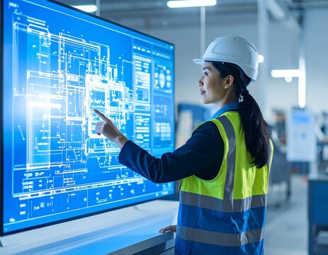 Woman engineer interacts with digital blueprints