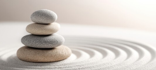 The serene stones tower over calming ripples in smooth sand.