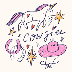 Hand Drawn Cowgirl Western Woman Horse Pony Cute Animal Bundle Set Vintage Cowboy Girl Pink Branding Merchandize Lettering Whimsical Doodles Clipart Illustrations Coquettish Apparel For T-shirt Print