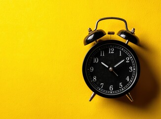 Classic black alarm clock placed on a bright yellow backdrop, creating a striking contrast and suggesting concepts of time management, punctuality, or deadlines