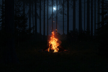 Bonfire with sparks and particles surrounded by forest trees. 3D Rendering