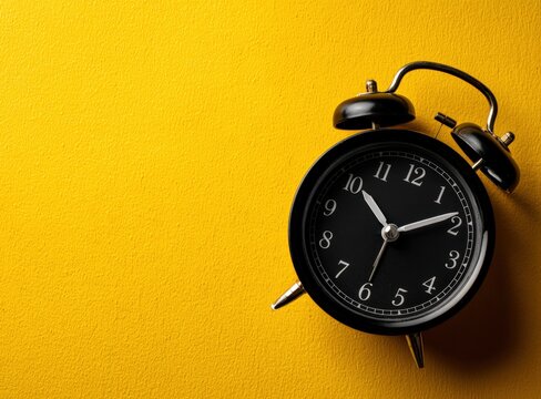 Black alarm clock on a yellow background represents time management and lifestyle concepts, with copy space for text or design