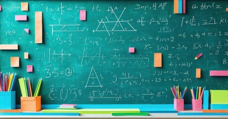 Chalkboard filled with complex equations, geometry, colorful stationery. Classroom setting suggests learning, education, problem solving.