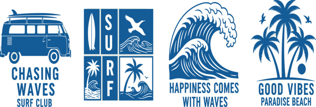 Vector graphic set with a tropical surf theme graphics. Perfect for t-shirt print, posters, and other surfing related designs