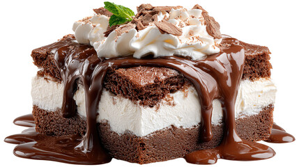 Decadent Chocolate Cake Slice with Caramel Frosting on a White Plate, Delicious Treat.