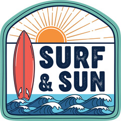 Vector graphic with waves, sun, surfboard, and the phrase Surf & Sun in retro colorway. Ideal for t-shirt print, posters, and stickers.