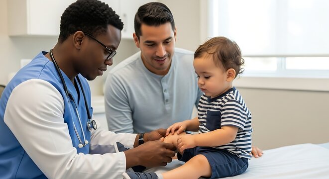 Pediatric Doctor Examining Baby's Foot with Father Present