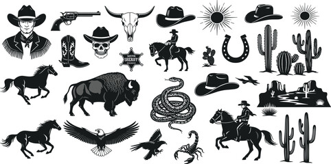 Vector set contains  black Western-themed icons, including cowboys, horses, desert landscapes, cacti,, skulls, boots, and stars