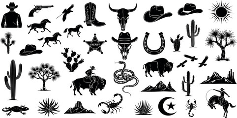 Fototapeta premium Vector set contains Western-themed icons, including cowboys, horses, desert landscapes, cacti,, skulls, boots, and stars