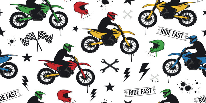 Fototapeta Vector motocross seamless pattern. Dirt bike cartoon repeat pattern