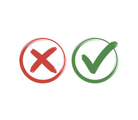 Check mark, tick and cross brush signs, green check mark OK and red X icons, symbols YES and NO button for vote, decision, election choice - vector