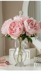 Delicate Pink Peonies in a Clear Glass Vase on Vanity