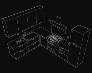 A black and white contour drawing of a kitchen featuring a stove top oven, wooden cupboards, and a sink with a tap. Glasses and other objects add detail to the minimalist sketch.