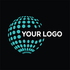 Futuristic tech logo with turquoise dotted sphere on black background